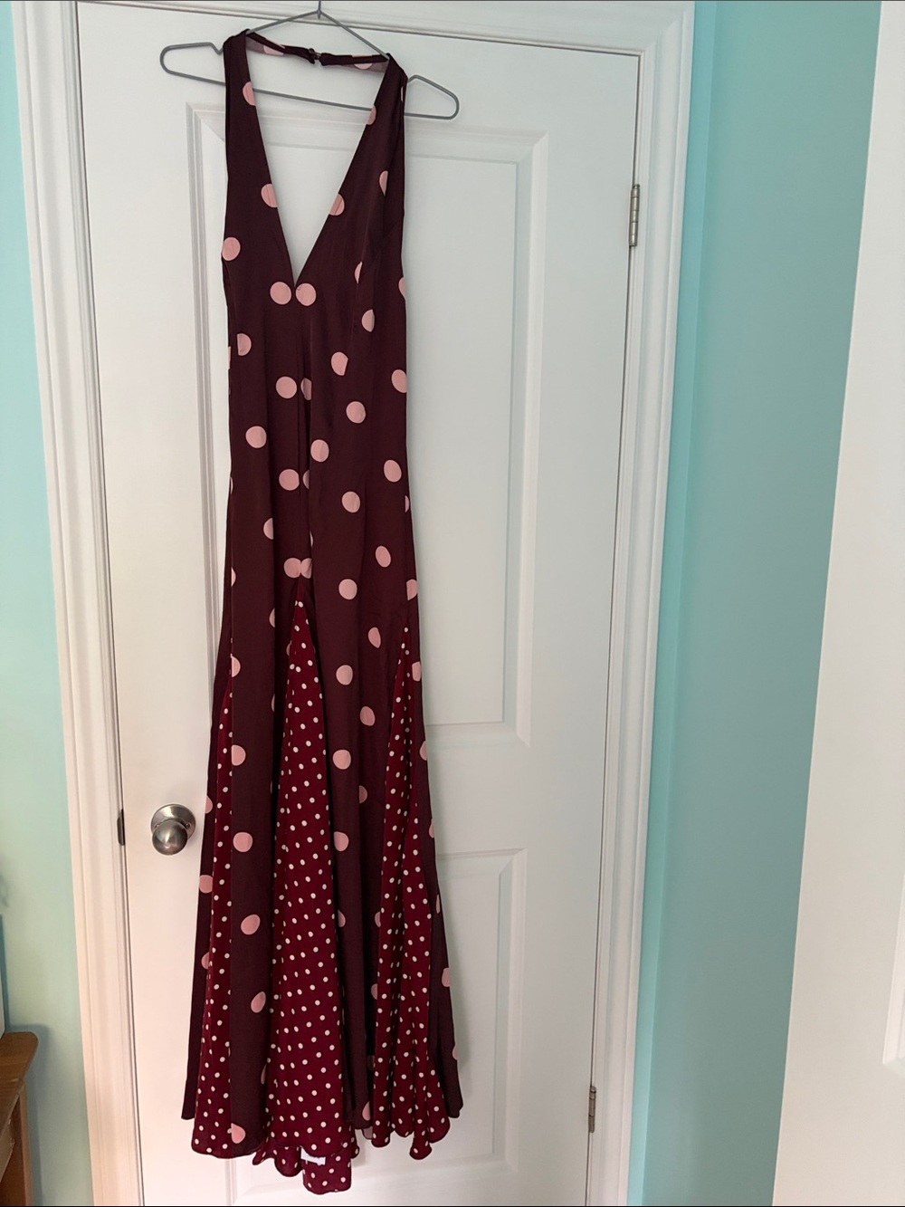 PrettyLittleThing Burgundy Maxi Dress with Pink Polka Dots